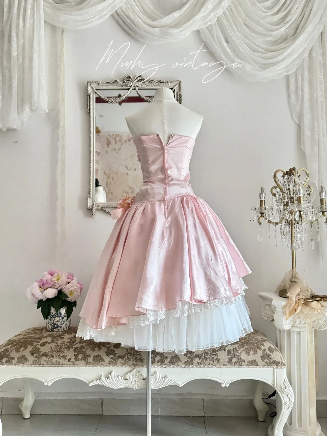 Robe de bal de promo, robe de soirée, robe de fête d'anniversaire, robe de bal, robe de mariée, robe de Quinceanera, robe A-jupe élégante, rose pâle, rétro, à paillettes, mi-longue/courte, en satin, nv4101