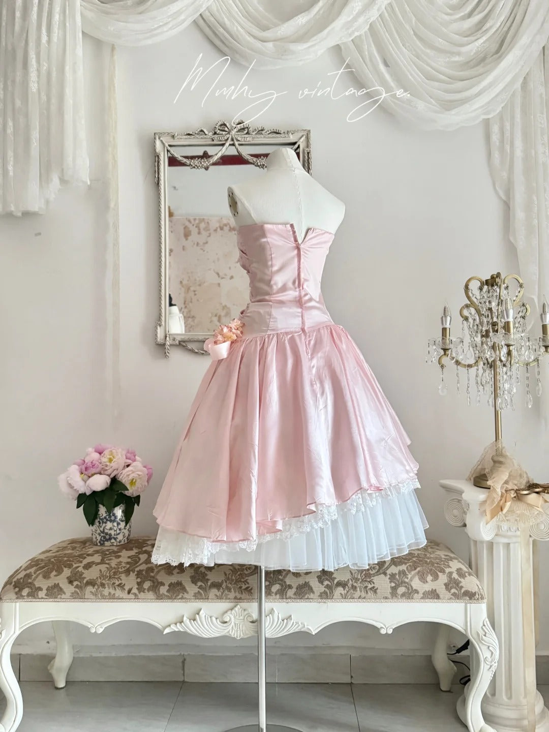 Robe de bal de promo, robe de soirée, robe de fête d'anniversaire, robe de bal, robe de mariée, robe de Quinceanera, robe A-jupe élégante, rose pâle, rétro, à paillettes, mi-longue/courte, en satin, nv4101