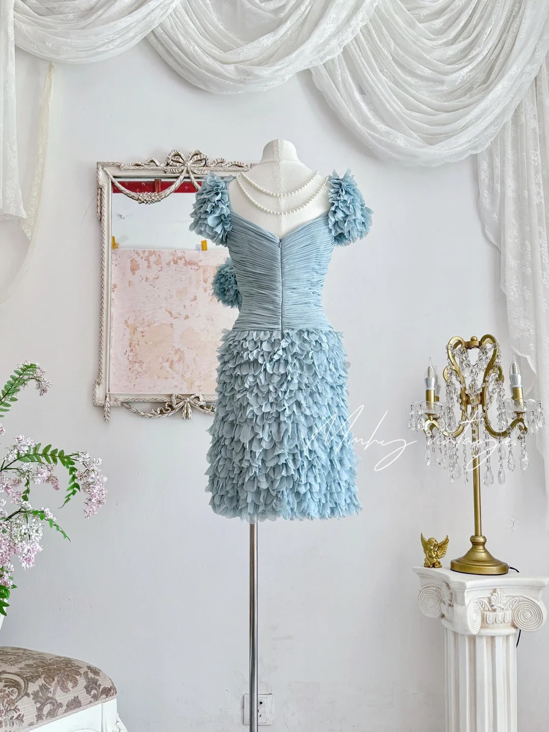 Robe courte en tulle et gaze, style rétro bleu brume, douce et mignonne, plissée, plumes lourdes, robe de bal, robe de soirée, robe de fête d'anniversaire, nv4089