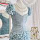 Robe courte en tulle et gaze, style rétro bleu brume, douce et mignonne, plissée, plumes lourdes, robe de bal, robe de soirée, robe de fête d'anniversaire, nv4089