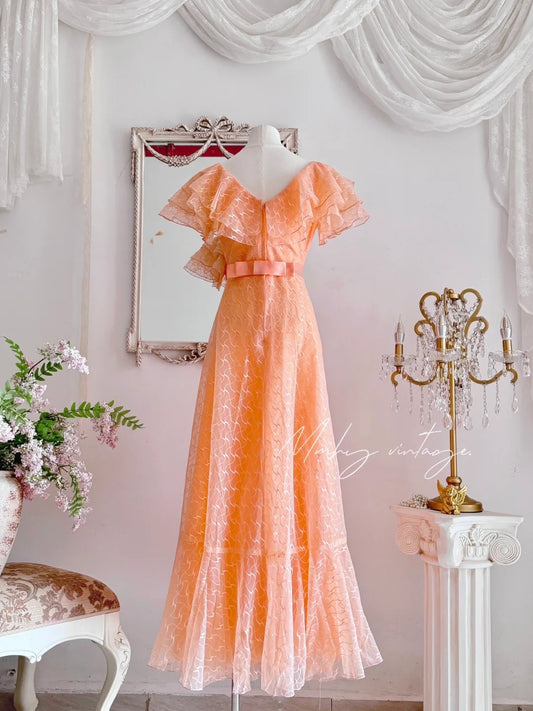 Robe de soirée longue en organza brodée, élégante, vintage, à volants, motif floral, longueur au sol, style orange, robe de bal, robe de bal, nv4086