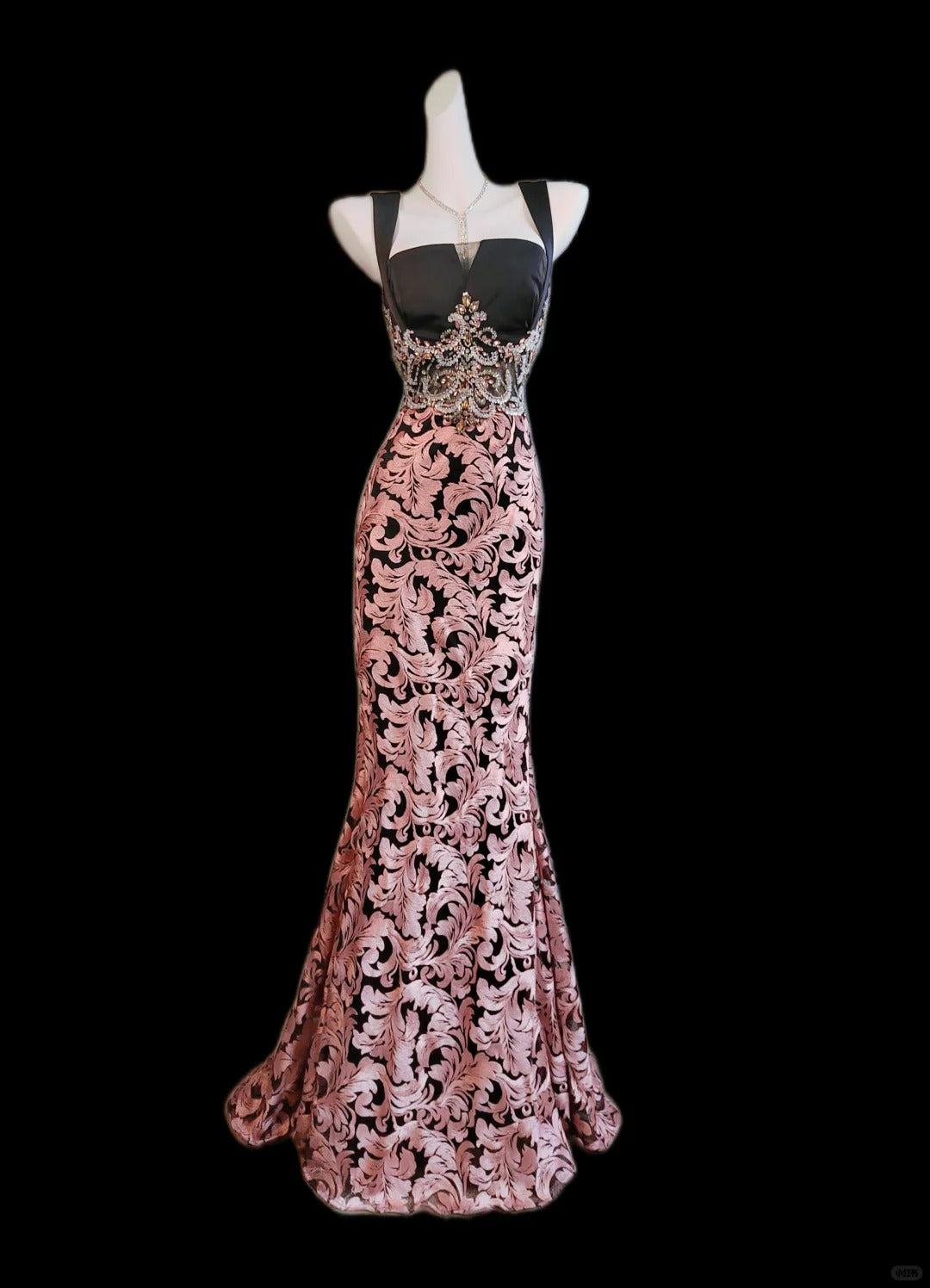 Edle rosa Jacquard-Stickerei, handbestickt, elegant, Perlen, Satin, langes Meerjungfrau-Abschlussballkleid, Abendkleid, NV5228