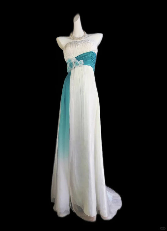 White Blue Floral Long Tulle Elegant Formal Prom Dress Evening Dress Party Dress Bridesmaid Dresses  nv4275
