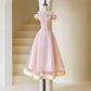 Rosa, perlenbesetztes Ballkleid aus Tüll in Teelänge, rosa, schulterfreies Partykleid in A-Linie, nv1537