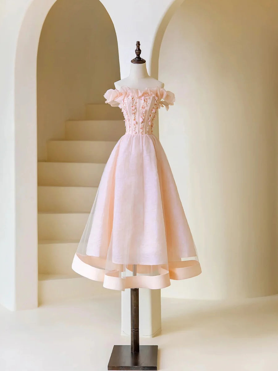 Rosa, perlenbesetztes Ballkleid aus Tüll in Teelänge, rosa, schulterfreies Partykleid in A-Linie, nv1537