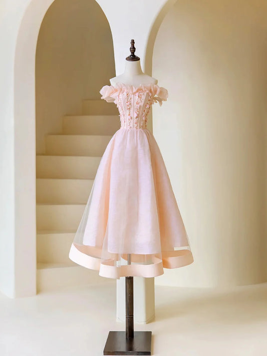 Pink Tulle Beaded Tea Length Prom Dress, Pink A-Line Off Shoulder Party Dress nv1537