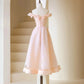 Rosa, perlenbesetztes Ballkleid aus Tüll in Teelänge, rosa, schulterfreies Partykleid in A-Linie, nv1537