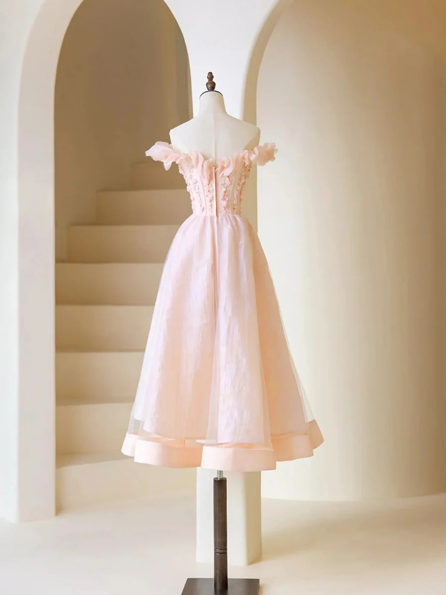 Rosa, perlenbesetztes Ballkleid aus Tüll in Teelänge, rosa, schulterfreies Partykleid in A-Linie, nv1537