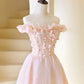Rosa, perlenbesetztes Ballkleid aus Tüll in Teelänge, rosa, schulterfreies Partykleid in A-Linie, nv1537