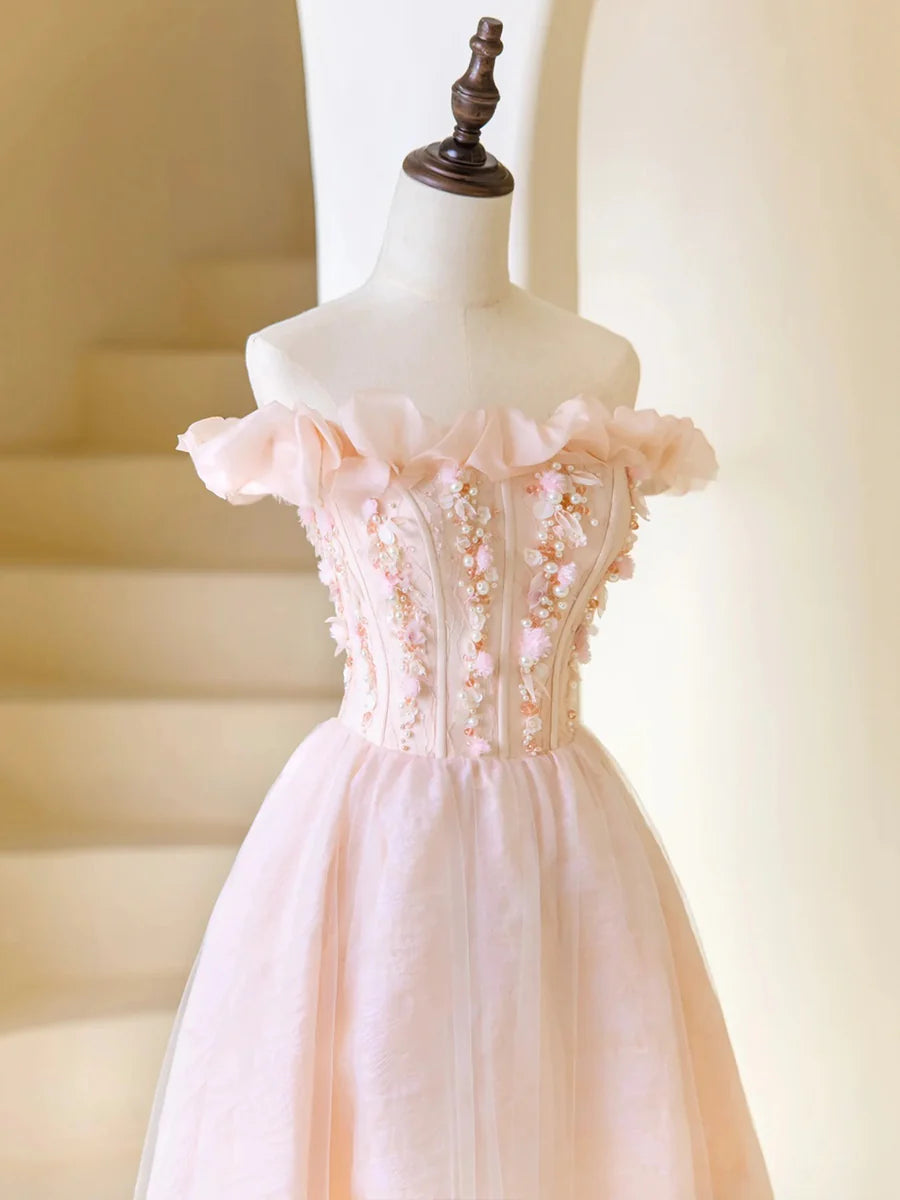 Rosa, perlenbesetztes Ballkleid aus Tüll in Teelänge, rosa, schulterfreies Partykleid in A-Linie, nv1537
