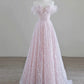 Sparkling Tulle Sequin Long Prom Dress, Off the Shoulder Pink Evening Party Dress nv1650