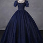 Marineblaues, langes Partykleid aus Tüll mit Perlenbesatz, blaues Abendkleid mit Rundhalsausschnitt und kurzen Ärmeln nv1652