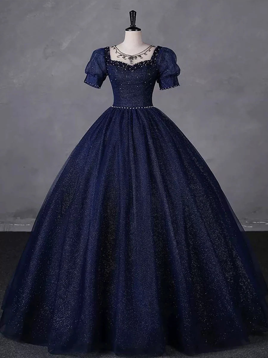 Marineblaues, langes Partykleid aus Tüll mit Perlenbesatz, blaues Abendkleid mit Rundhalsausschnitt und kurzen Ärmeln nv1652