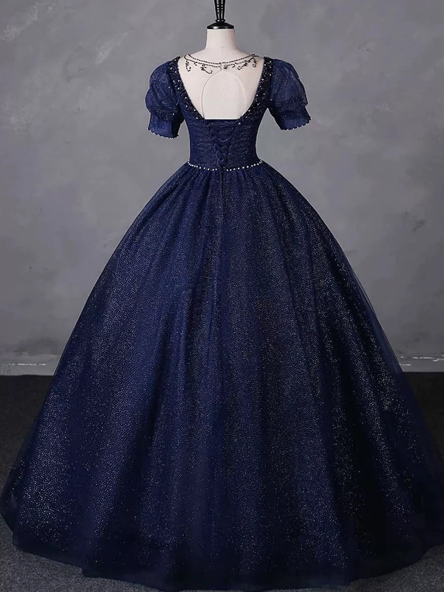 Marineblaues, langes Partykleid aus Tüll mit Perlenbesatz, blaues Abendkleid mit Rundhalsausschnitt und kurzen Ärmeln nv1652