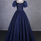 Marineblaues, langes Partykleid aus Tüll mit Perlenbesatz, blaues Abendkleid mit Rundhalsausschnitt und kurzen Ärmeln nv1652
