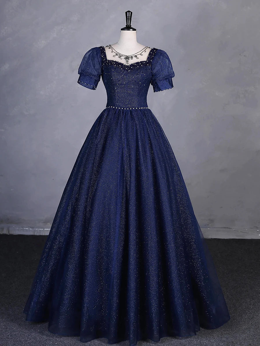 Marineblaues, langes Partykleid aus Tüll mit Perlenbesatz, blaues Abendkleid mit Rundhalsausschnitt und kurzen Ärmeln nv1652
