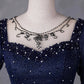 Marineblaues, langes Partykleid aus Tüll mit Perlenbesatz, blaues Abendkleid mit Rundhalsausschnitt und kurzen Ärmeln nv1652