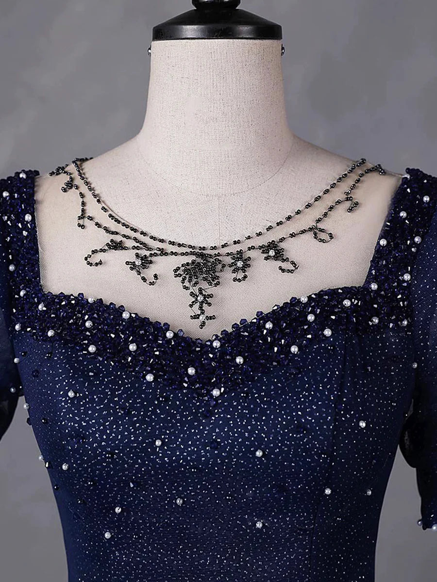 Marineblaues, langes Partykleid aus Tüll mit Perlenbesatz, blaues Abendkleid mit Rundhalsausschnitt und kurzen Ärmeln nv1652