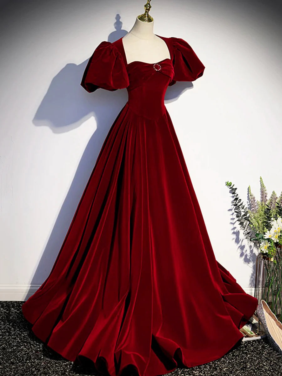 Robe de bal longue en velours bordeaux, magnifique robe de soirée dos nu avec perles nv1574