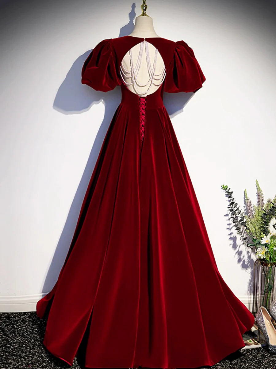 Robe de bal longue en velours bordeaux, magnifique robe de soirée dos nu avec perles nv1574
