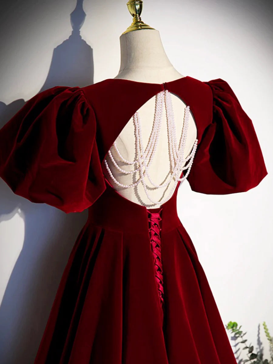 Robe de bal longue en velours bordeaux, magnifique robe de soirée dos nu avec perles nv1574