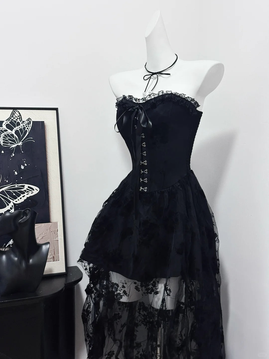Robe de soirée longue noire vintage élégante en dentelle délicate, robe de bal, robe de soirée, robe de fête d'anniversaire, robe de bal nv4048