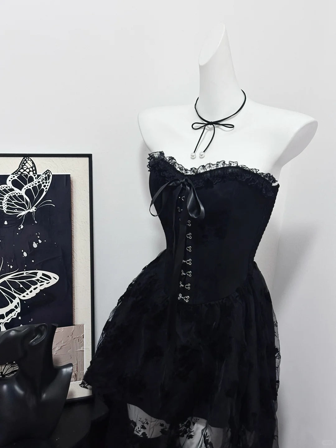 Robe de soirée longue noire vintage élégante en dentelle délicate, robe de bal, robe de soirée, robe de fête d'anniversaire, robe de bal nv4048