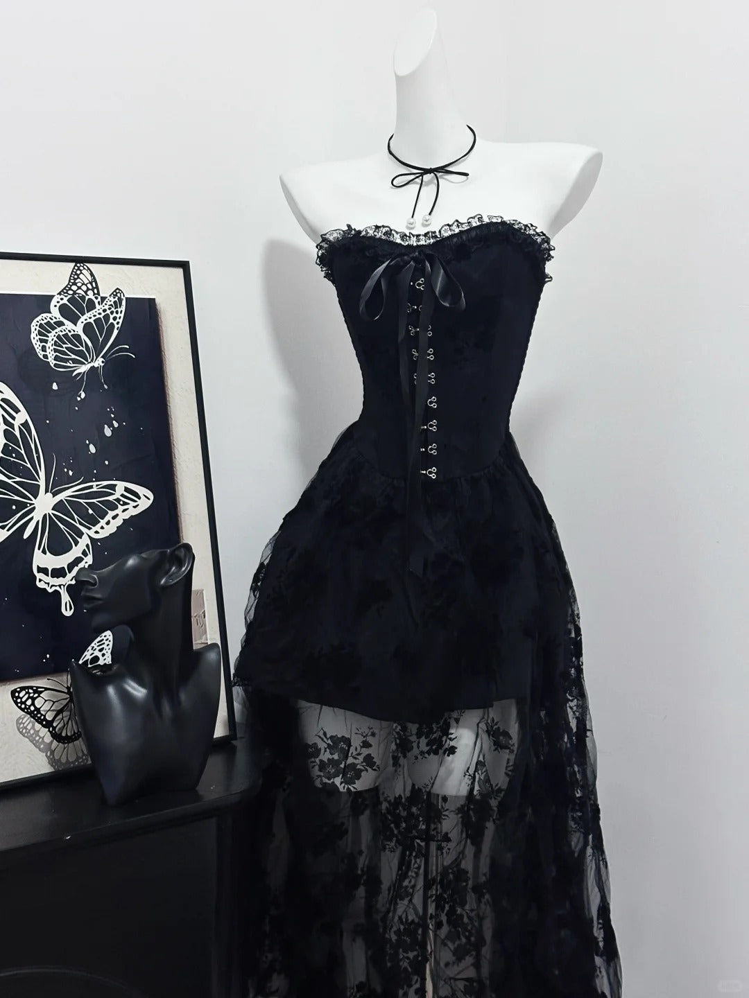 Robe de soirée longue noire vintage élégante en dentelle délicate, robe de bal, robe de soirée, robe de fête d'anniversaire, robe de bal nv4048