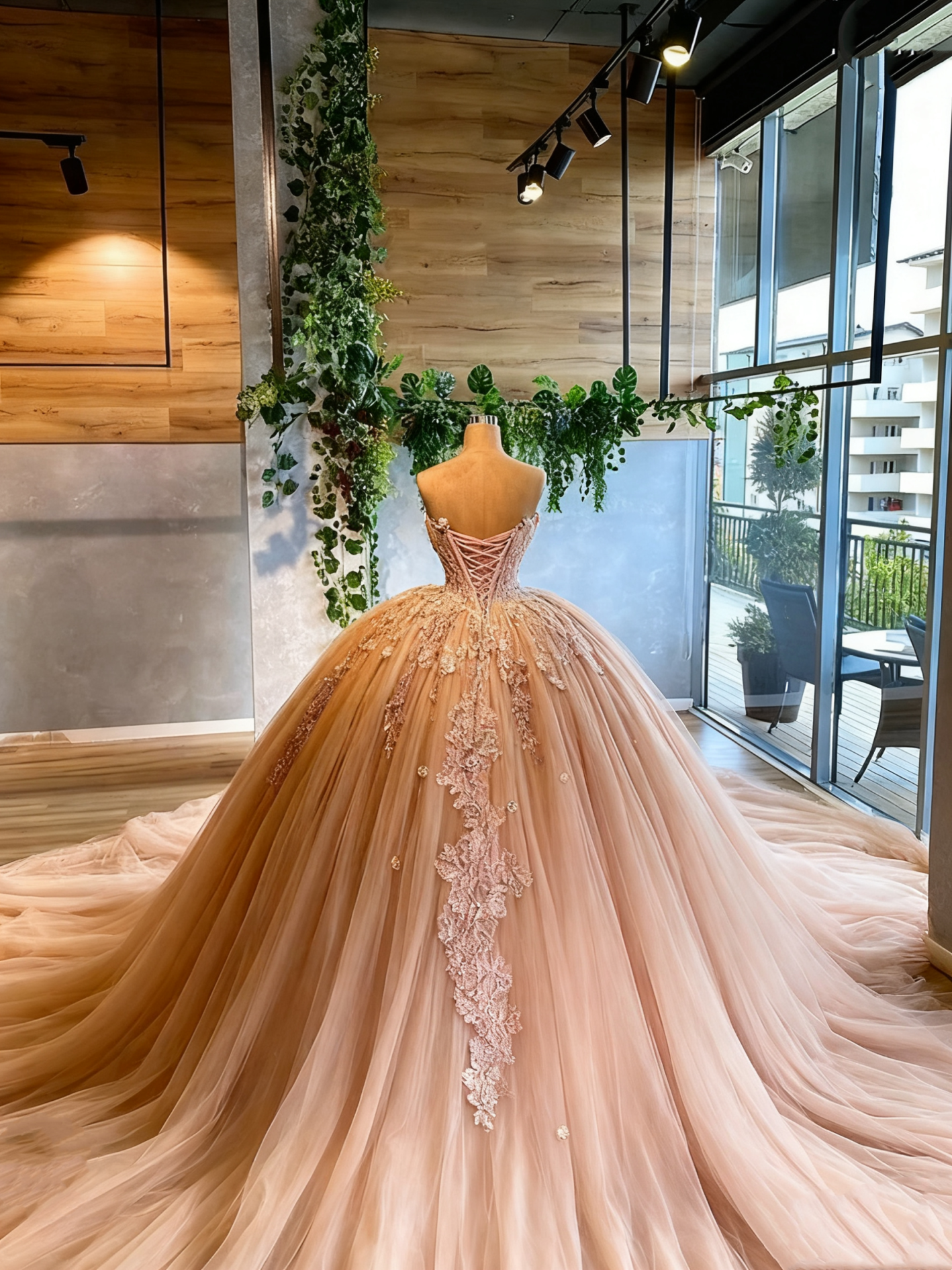 Warmes aprikosenfarbenes, trägerloses Ballkleid aus Spitze, NV6564