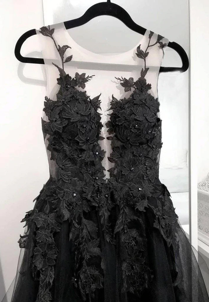Schwarzes langes Ballkleid aus Spitzentüll Schwarzes Abendkleid nv42