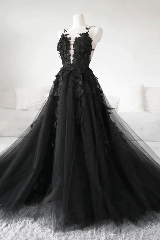 Robe de soirée longue en tulle et dentelle noire nv42
