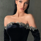 Robe de bal sirène noire en velours à épaules dénudées et fente haute nv41