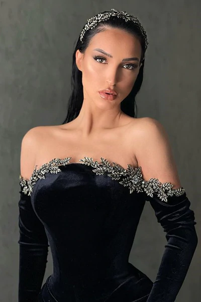 Black high slit velvet off-shoulder mermaid ball gown nv41