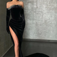 Robe de bal sirène noire en velours à épaules dénudées et fente haute nv41