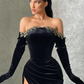 Robe de bal sirène noire en velours à épaules dénudées et fente haute nv41