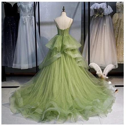 A-line Straps Tulle Green Prom Dress nv13