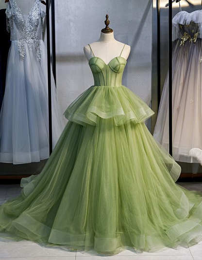 A-line Straps Tulle Green Prom Dress nv13