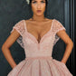 Ballkleid V-Ausschnitt Bodenlang Organza Perlen Häkelblumen Ballkleid nv33