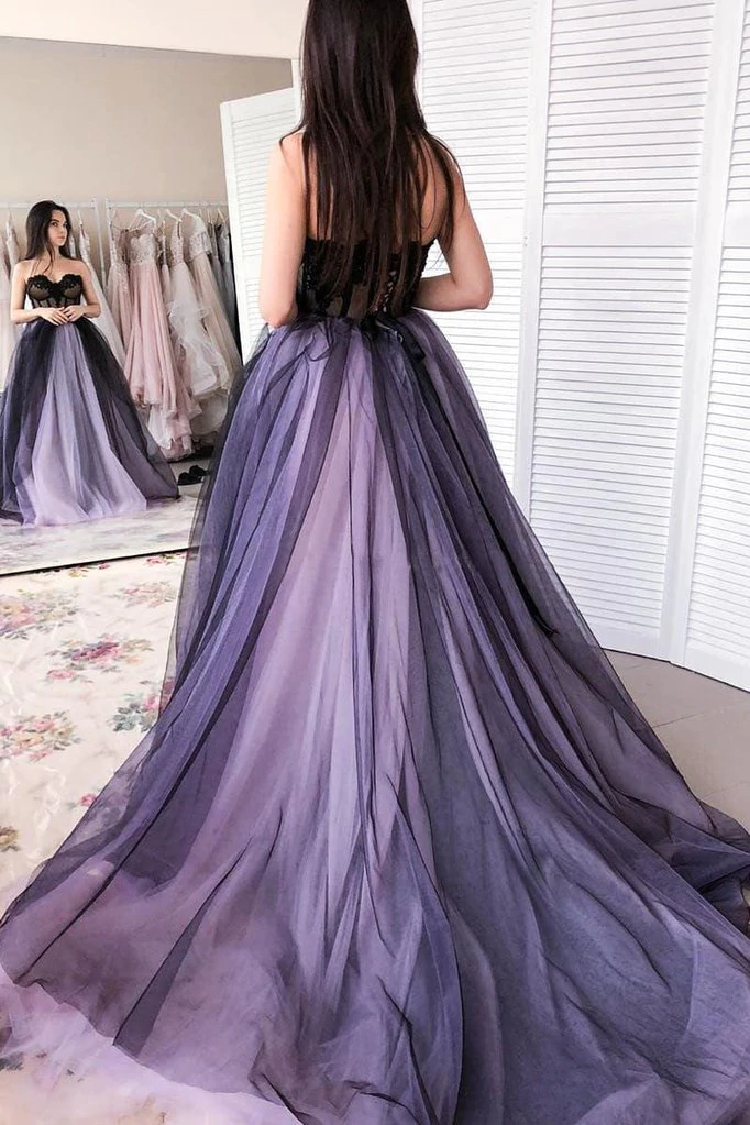 Grün/Lila Elegantes Spitzentüll A-Linie Langes Tüll Formales Ballkleid Abendkleid Sexy Rückenfreies Hochzeitskleid nv84