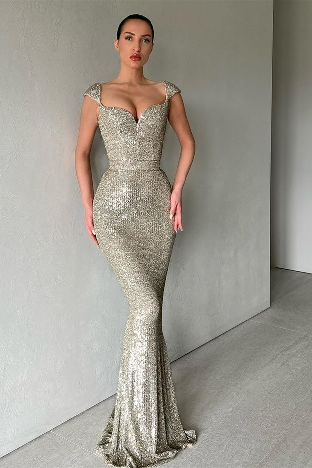 Cap Sleeves Long Mermaid Sequins Prom Dress nv60