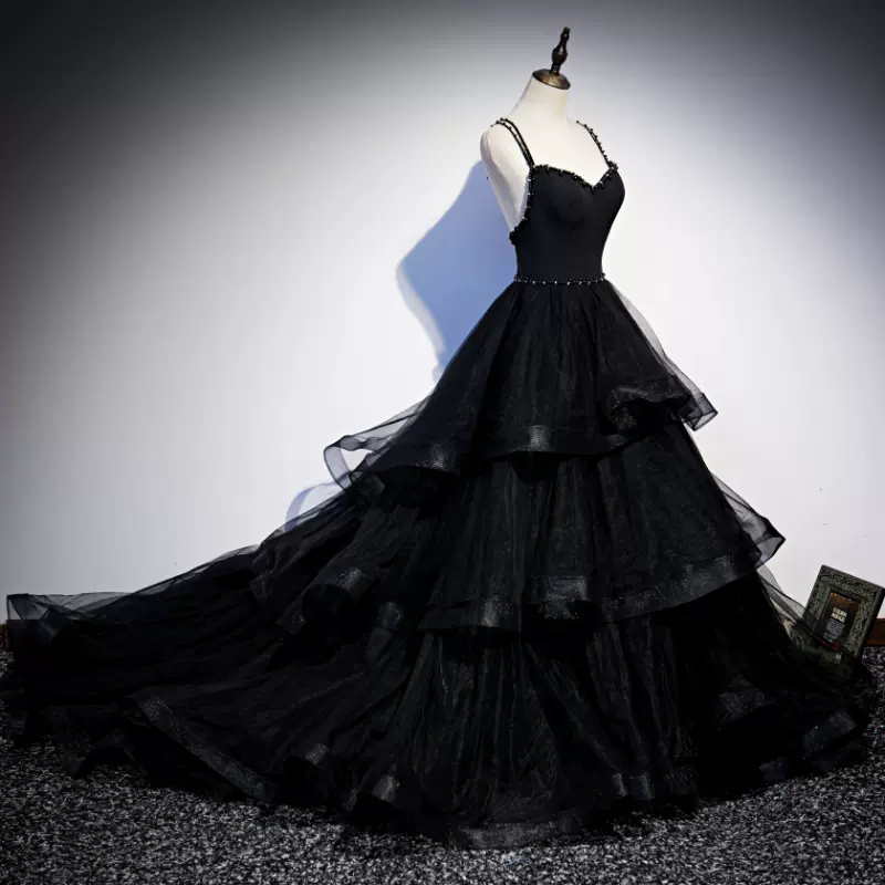 Schwarzes langes Ballkleid aus Tüll, Abendkleid, NV54