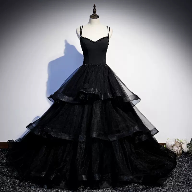 Schwarzes langes Ballkleid aus Tüll, Abendkleid, NV54
