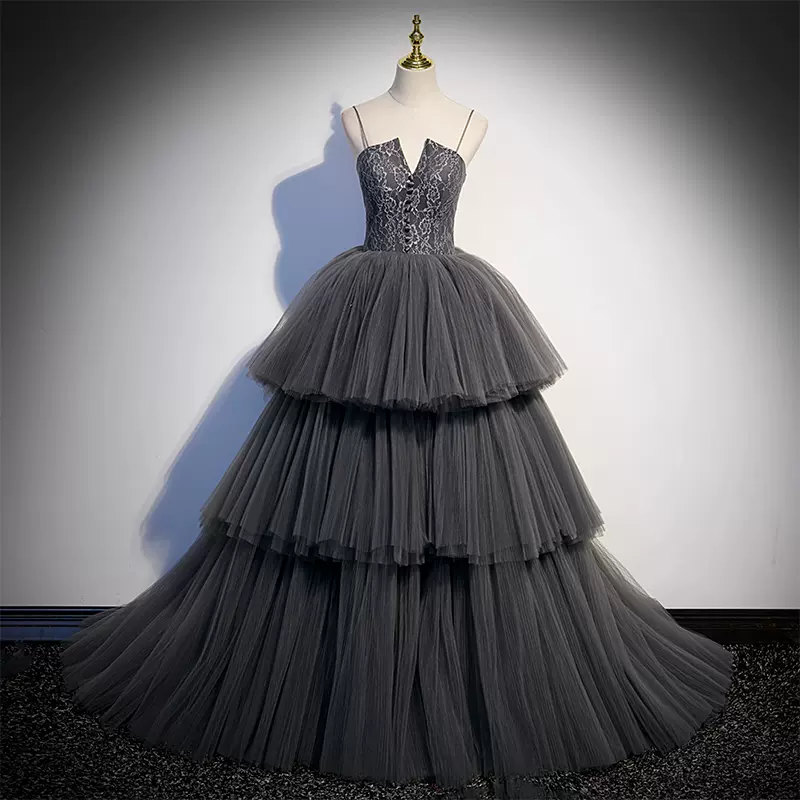 Graues langes Ballkleid aus Tüll, Abendkleid nv69