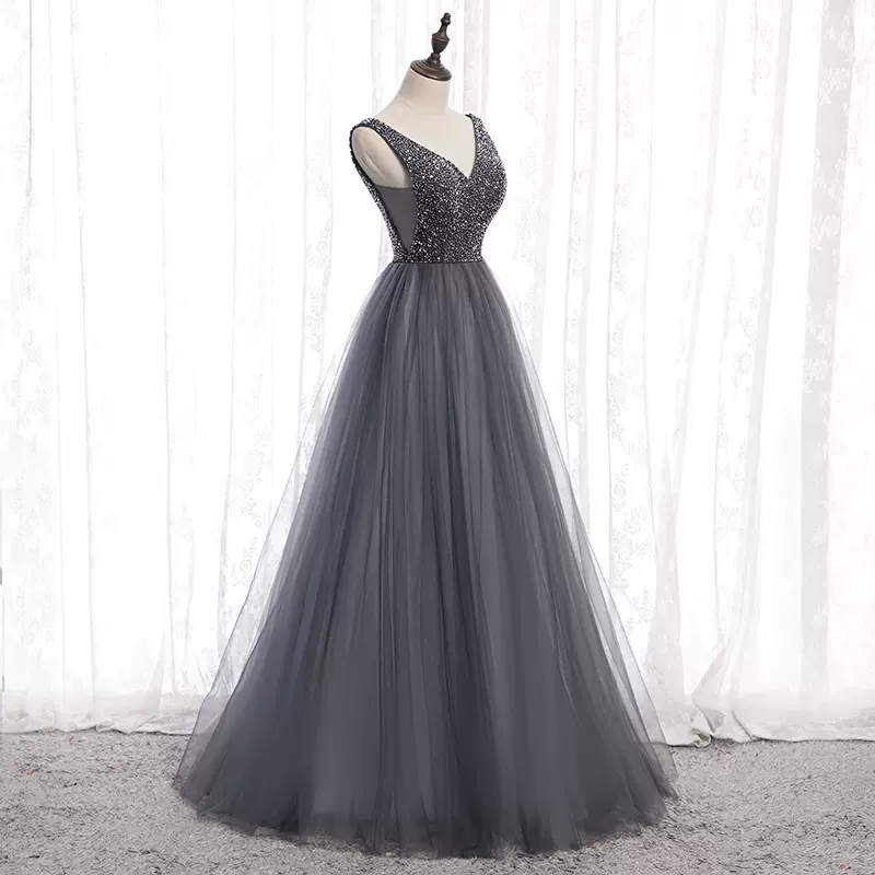 Gray tulle Long  prom dress evening dress nv70