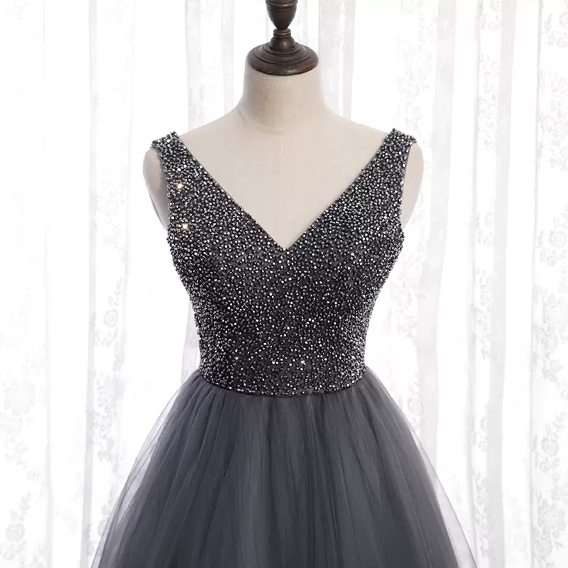 Gray tulle Long  prom dress evening dress nv70