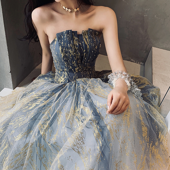 Blue elegant splash ink fashion design long tulle charming A-line ball gown evening dress nv587