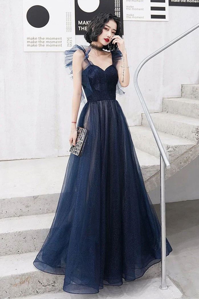 Dunkelblaues, langes Ballkleid aus Tüll mit herzförmigem Ausschnitt, blaues Abendkleid aus Tüll, NV615