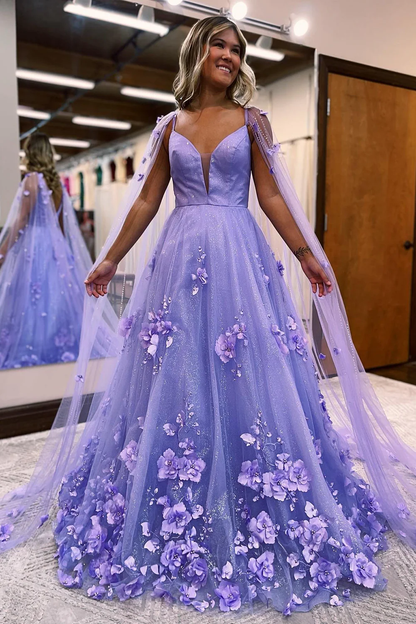 Glitter Purple A-Line Long Prom Dress with 3D Flowers nv656