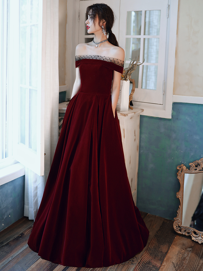 Burgunderrotes, elegantes, schulterfreies, langes Ballkleid-Abendkleid aus Samt, NV584