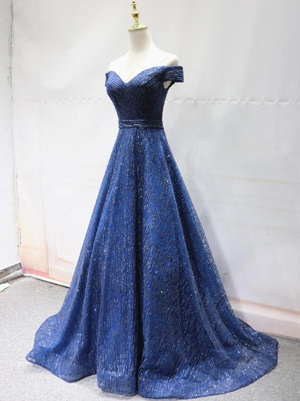 Glänzende schulterfreie, marineblaue, lange Ballkleider, schulterfreie, blaue Abendkleider nv608